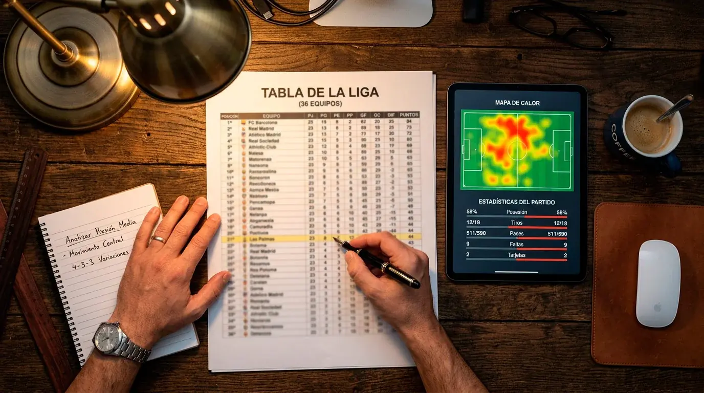 Analista repasando datos tácticos del formato de 36 equipos de la Champions League